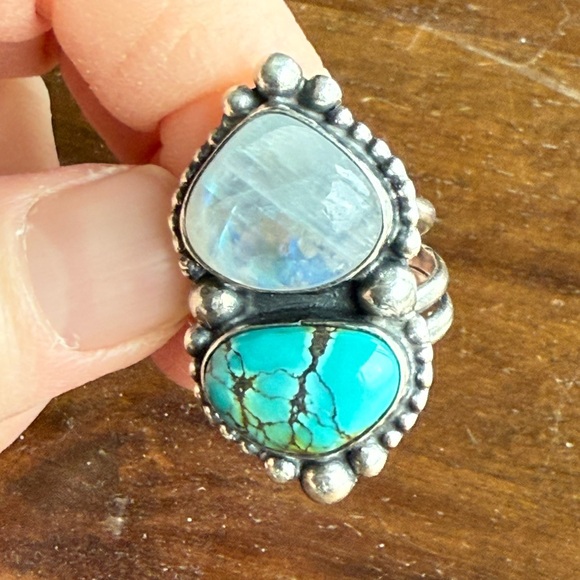 Moonstone and Turquoise Sterling Silver Ring - Picture 2 of 10